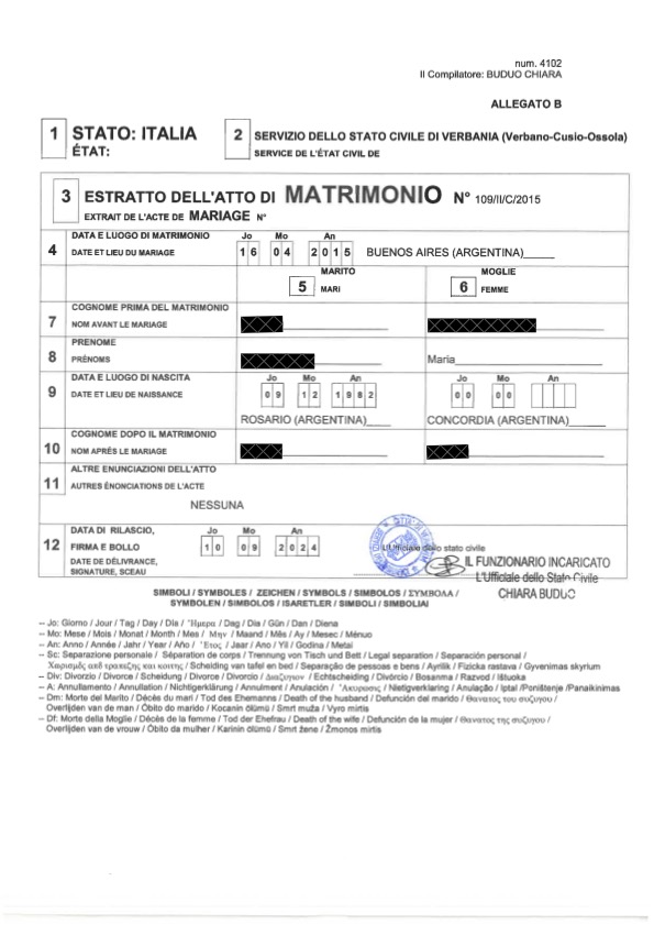 Extracto de matrimonio italiano Plurilingue